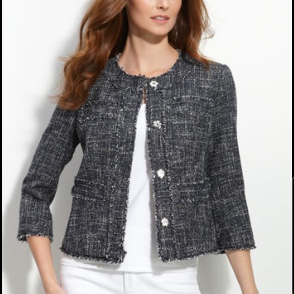 Michael Kors Blue Denim Look Tweed Blazer Fringe Button Office Dinner Coat 8 Med